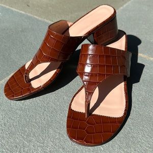 J Crew wide-strap thong sandals, with a low block 2” heel in Brown.